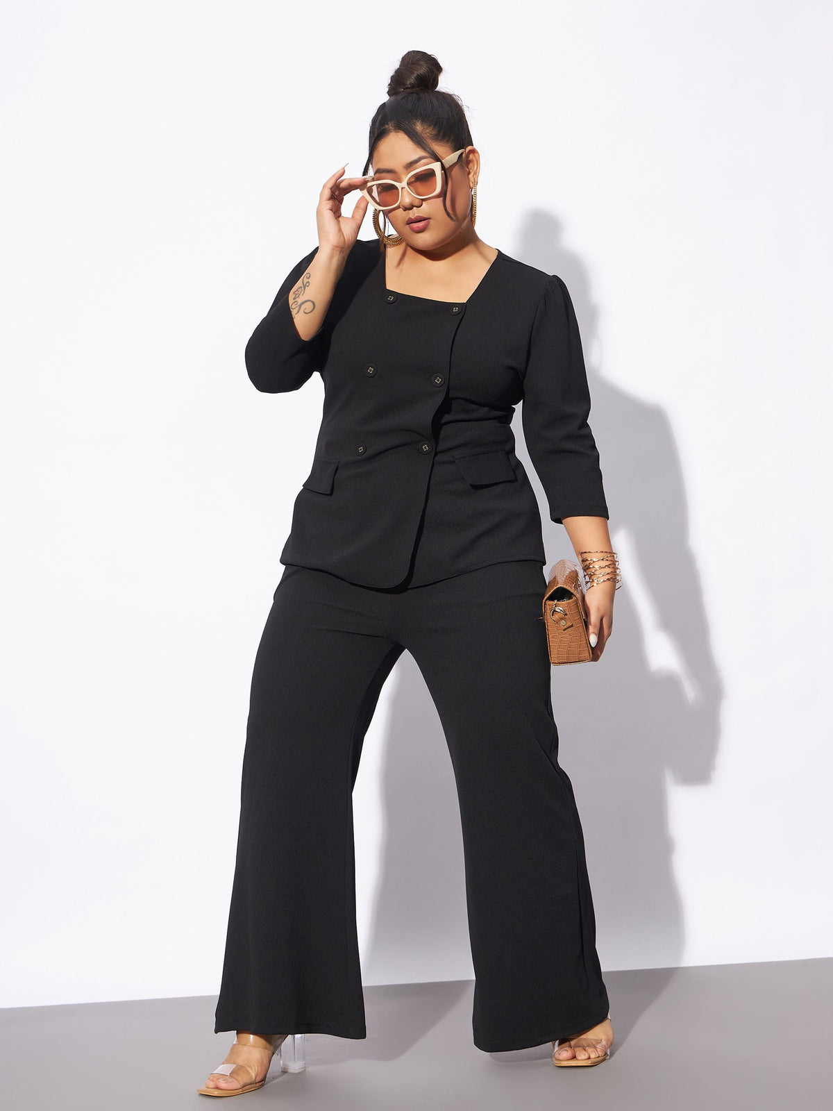 Black Front Button Top With Straight Pants-SASSAFRAS Curve