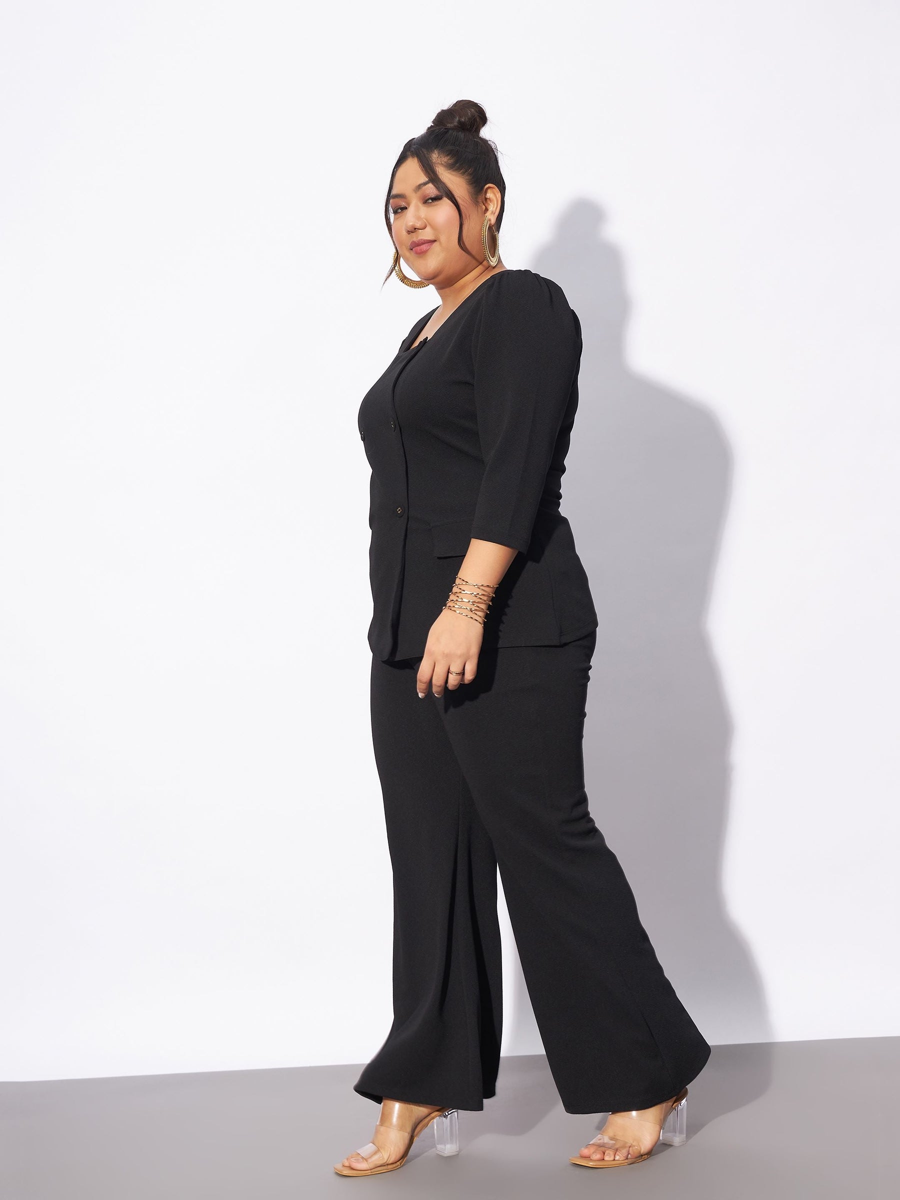 Black Front Button Top With Straight Pants-SASSAFRAS Curve