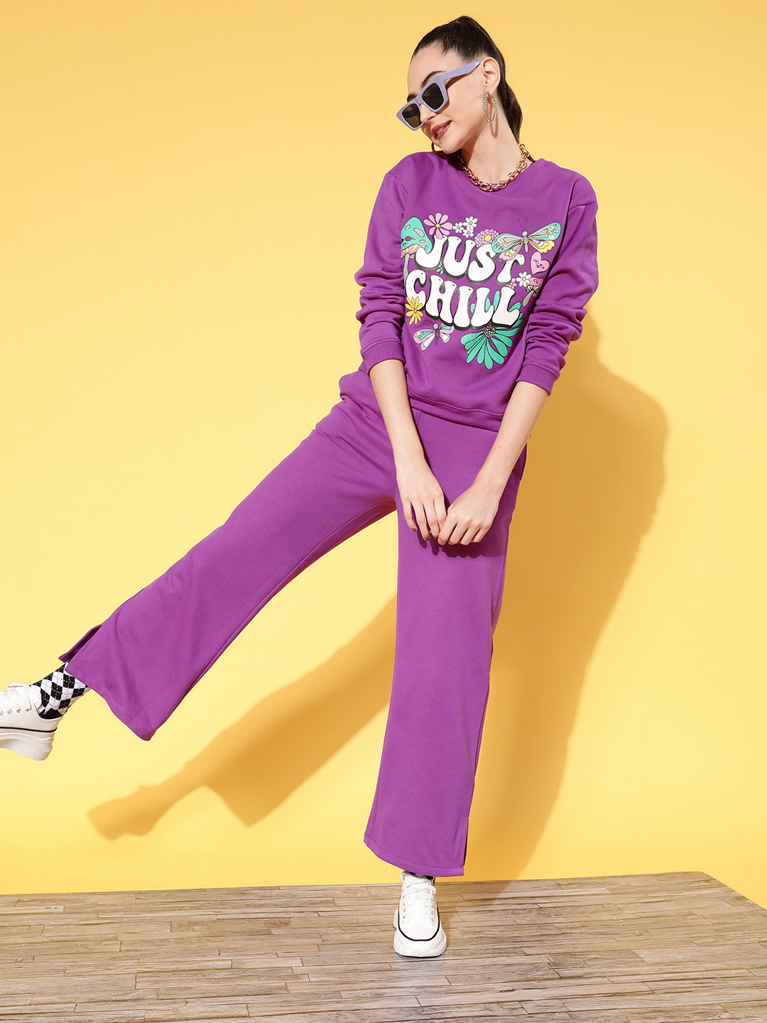 Purple Fleece JUST CHILL Sweatshirt With Track Pants-SASSAFRAS