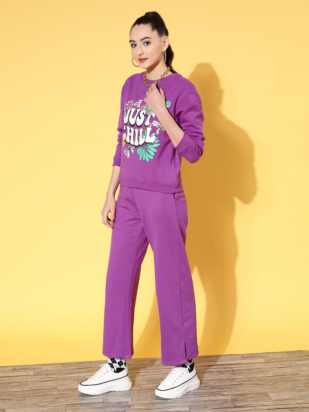 Purple Fleece JUST CHILL Sweatshirt With Track Pants-SASSAFRAS