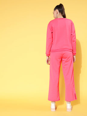 Pink Fleece Line Art Sweatshirt With Track Pants-SASSAFRAS