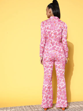 Pink Floral Ruched Shirt With Bellbottom Pants-SASSAFRAS