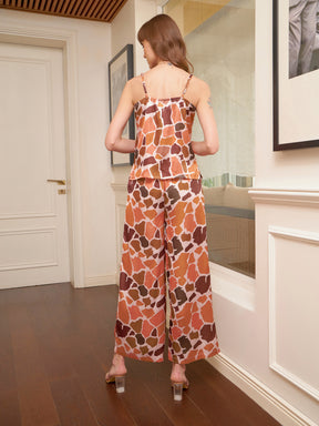 Women Peach Satin Leopard Top With Lounge Pants & Belted Robe
