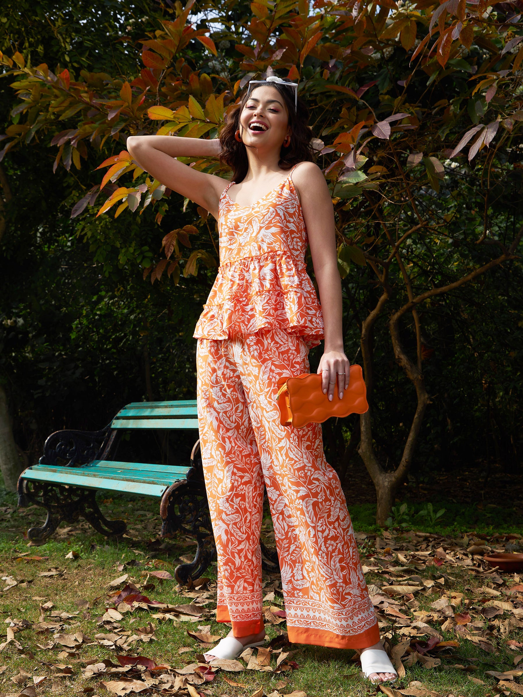 Women Orange Floral Strappy Top With Palazzos
