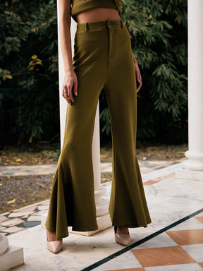Women Olive Tie-Knot Top With Kick Pleat Pants