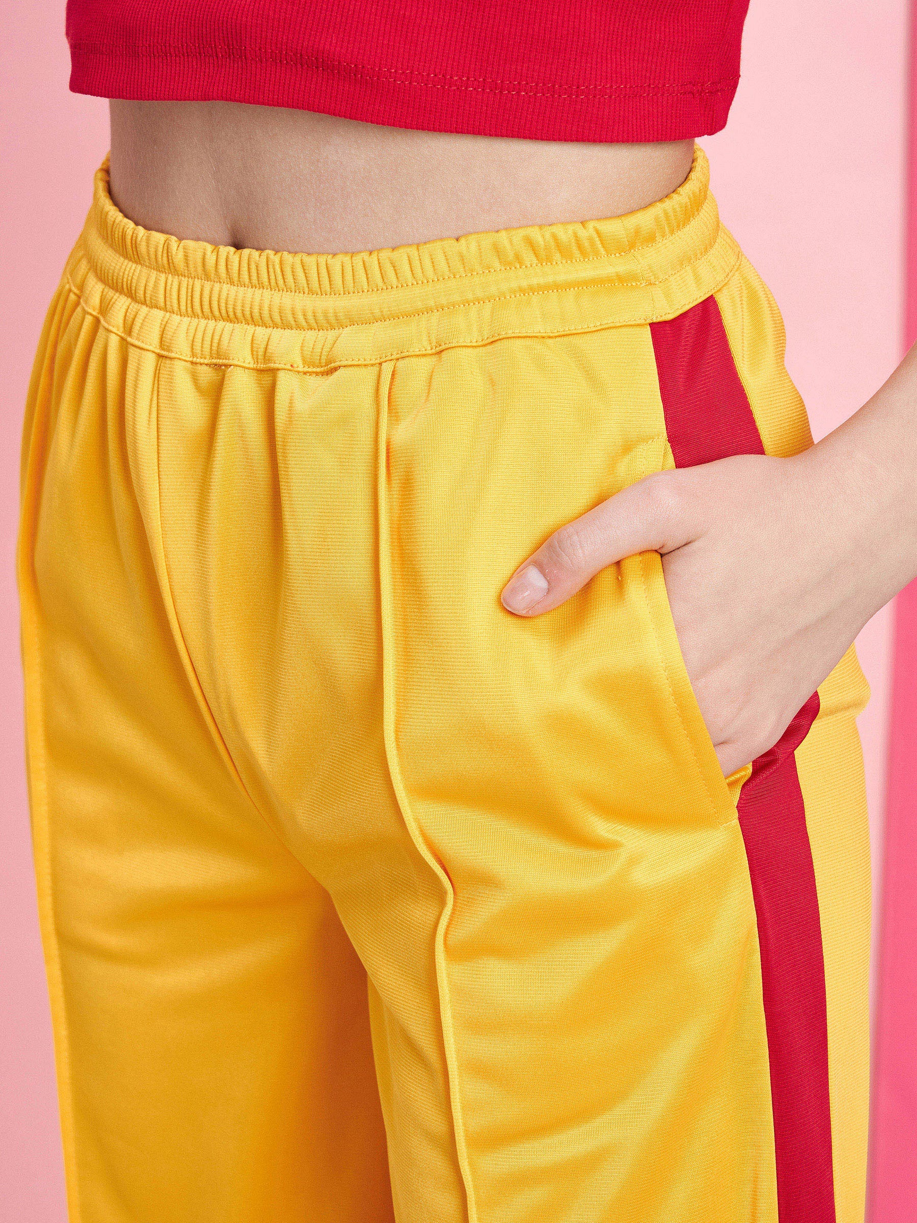 Women Red Rib Crop Top With Yellow Side Button Track Pants