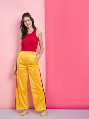 Women Red Rib Crop Top With Yellow Side Button Track Pants