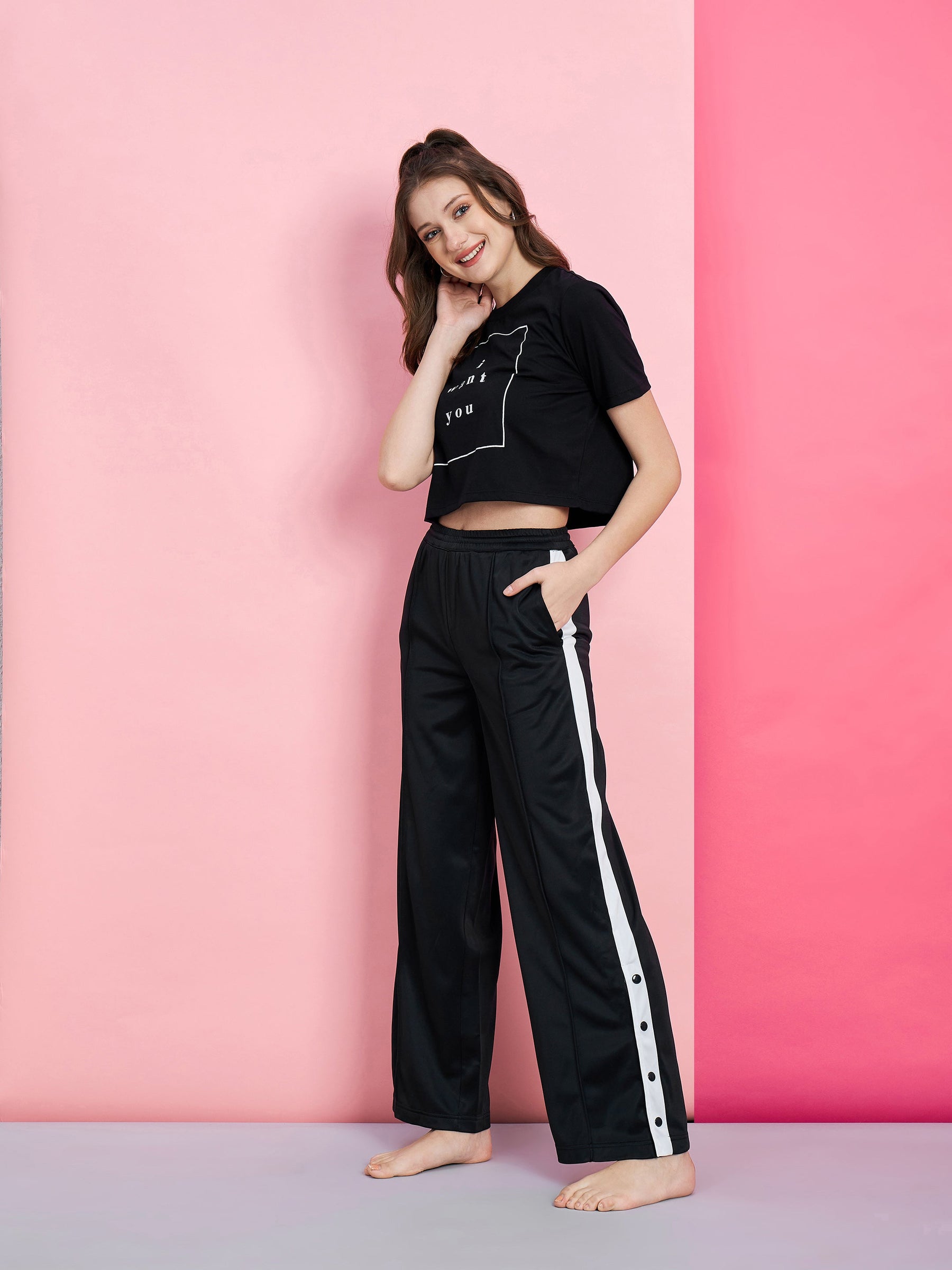 Women Black I WANT YOU Boxy T-Shirt With Side Button Track Pants