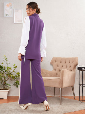 Women Purple Sleeveless Blazer With Bell Bottom Pants