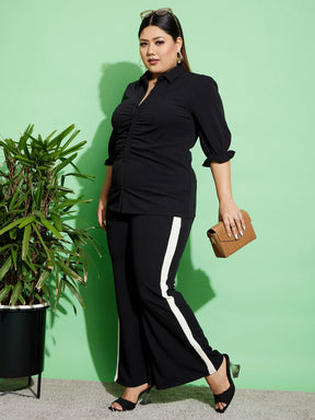 Black Ruched Shirt With Side Tape Pants-SASSAFRAS Curve