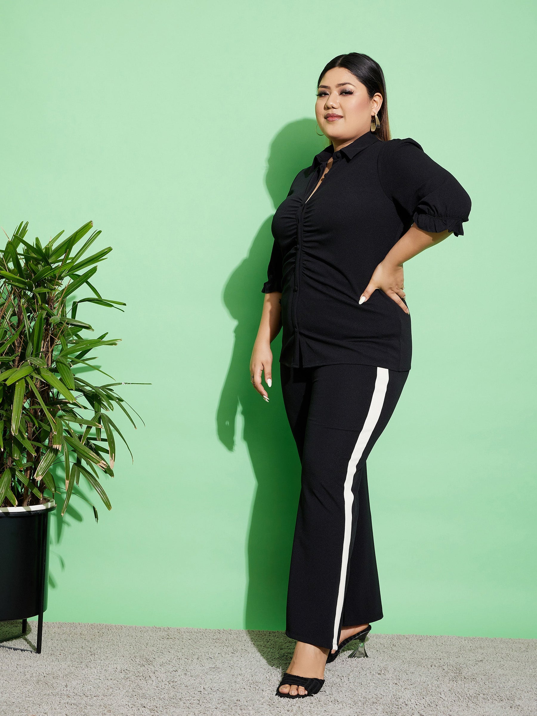 Black Ruched Shirt With Side Tape Pants-SASSAFRAS Curve
