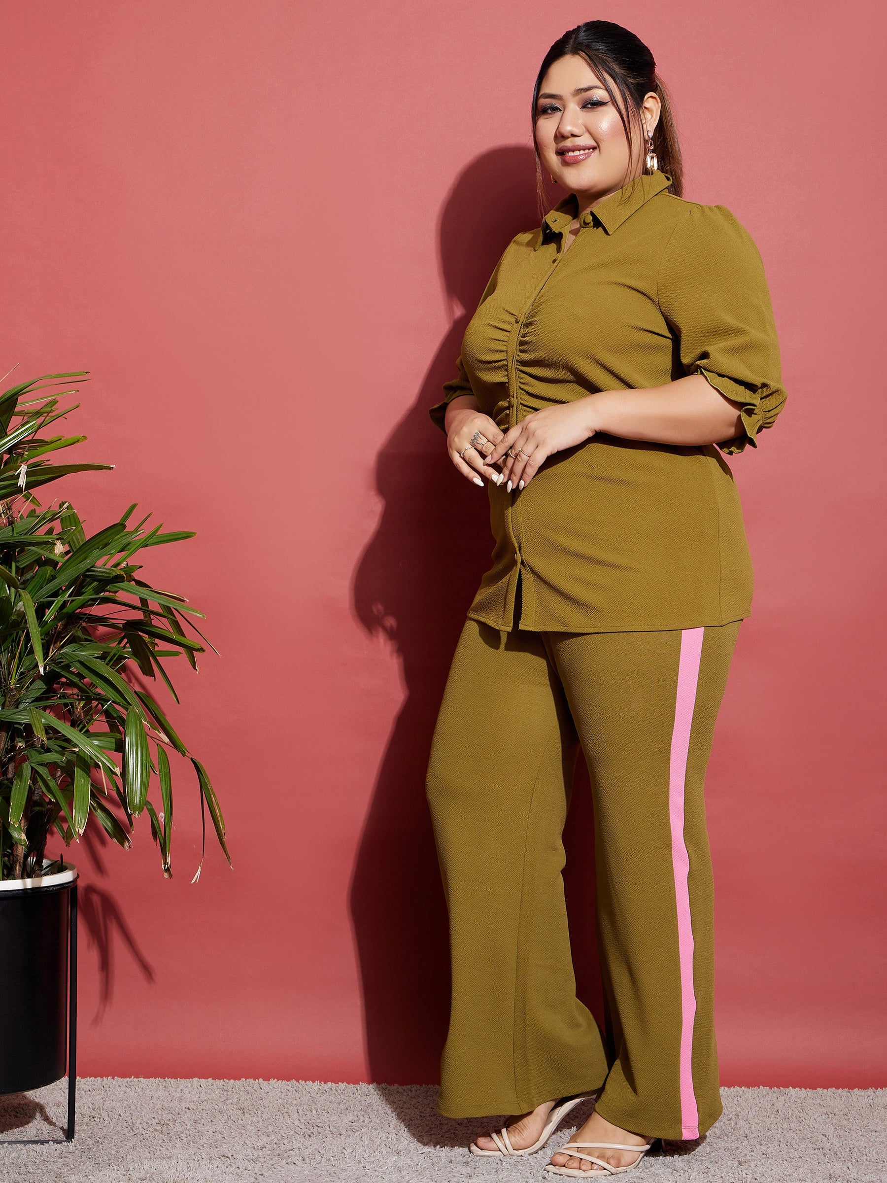 Olive Ruched Shirt With Side Tape Pants-SASSAFRAS Curve