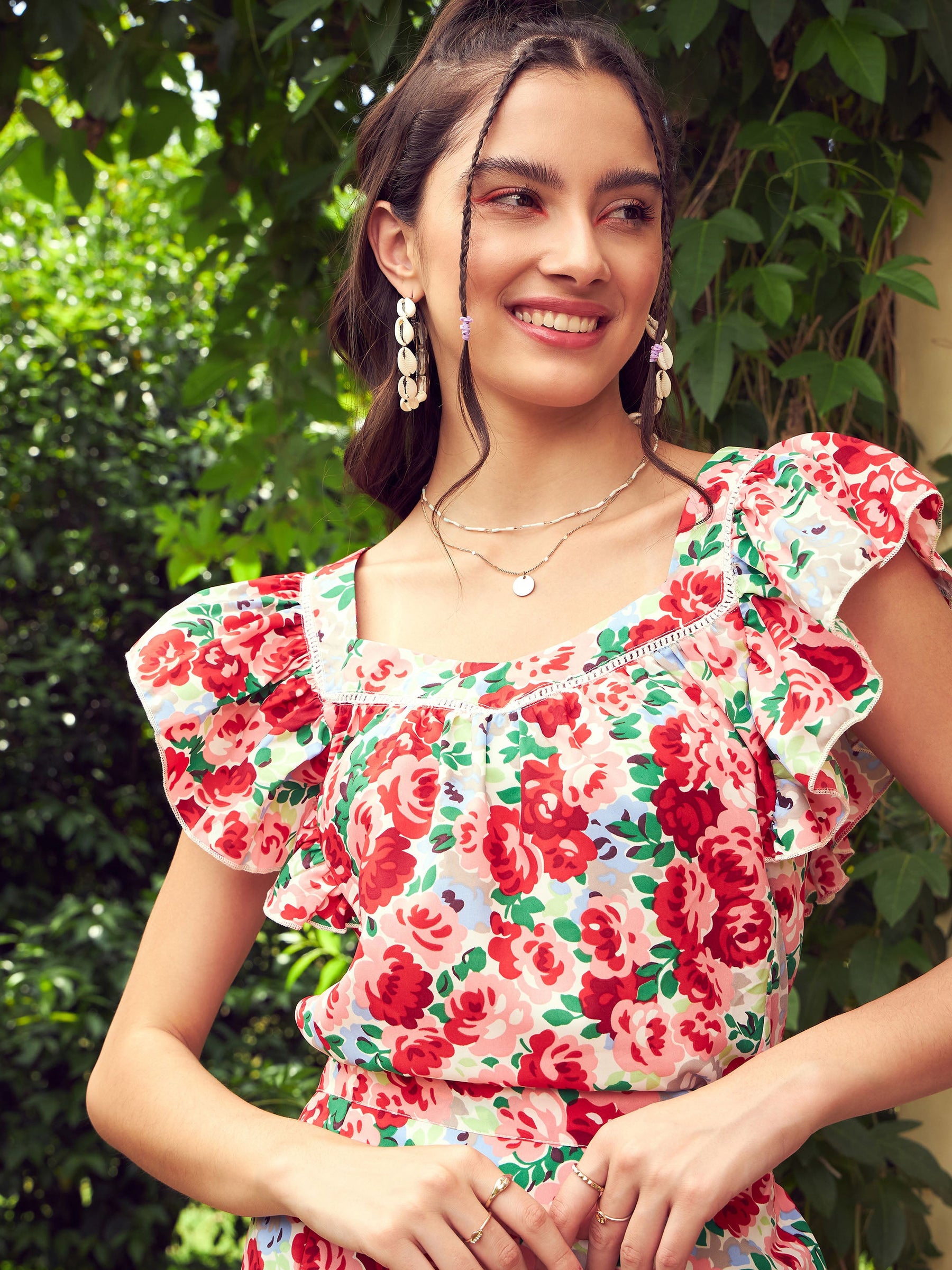 Red Floral Sweetheart Neck Top With Mini Skirt-SASSAFRAS