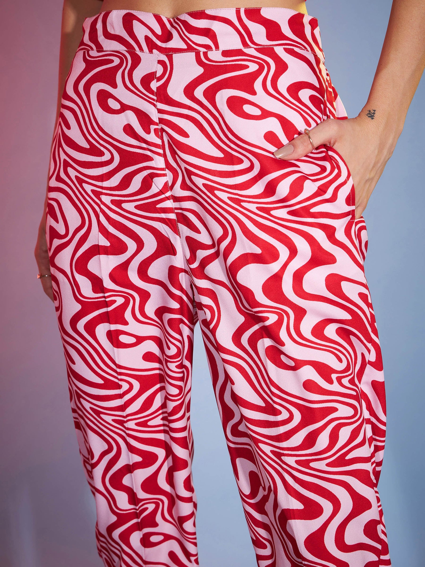 Red Abstract Peplum Top With Tapered Pants-SASSAFRAS
