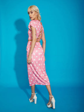 Pink Polka Dot Crop Top With Twisted Midi Skirt-SASSAFRAS