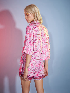 Pink Floral Boxy Shirt With Paperback Shorts-SASSAFRAS