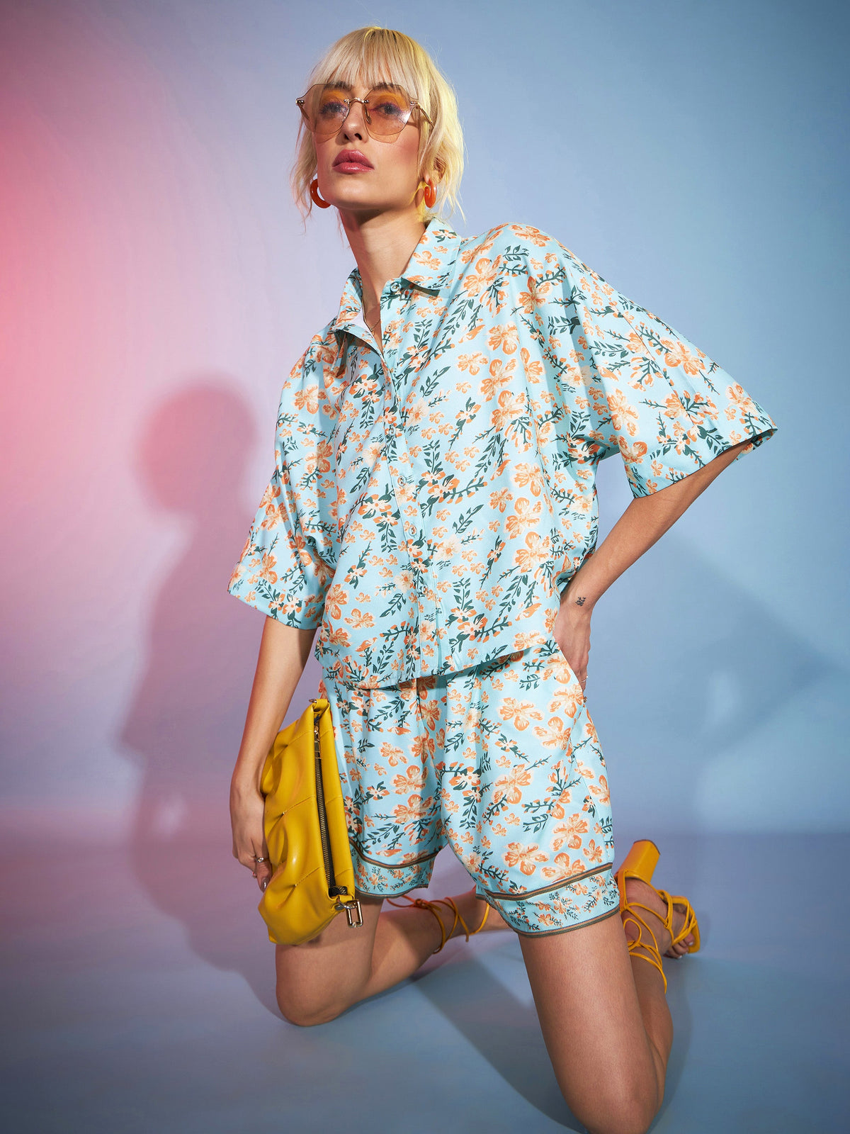 Green Floral Boxy Shirt With Paperback Shorts-SASSAFRAS