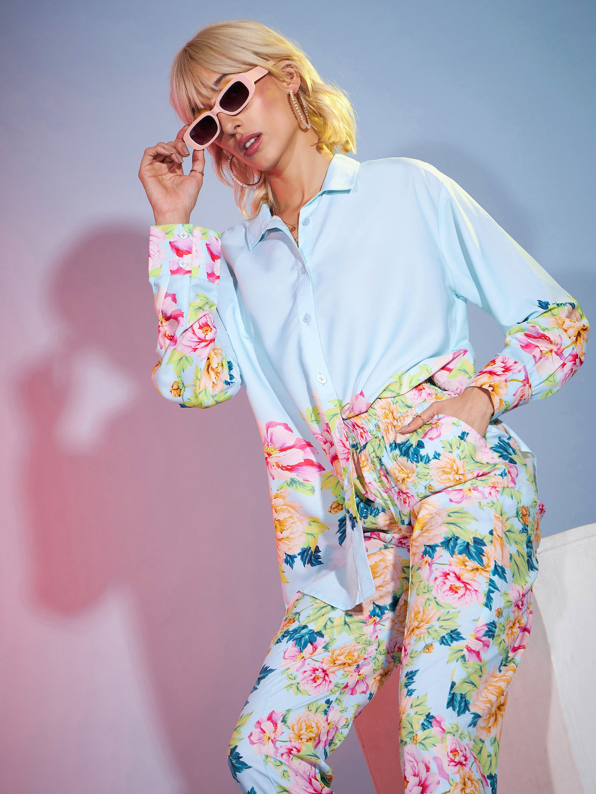 Turquoise Floral Oversized Shirt With Tapered Pants-SASSAFRAS