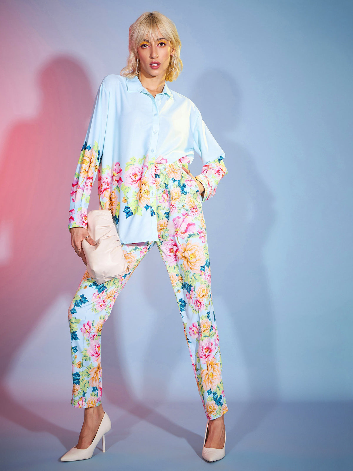 Turquoise Floral Oversized Shirt With Tapered Pants-SASSAFRAS