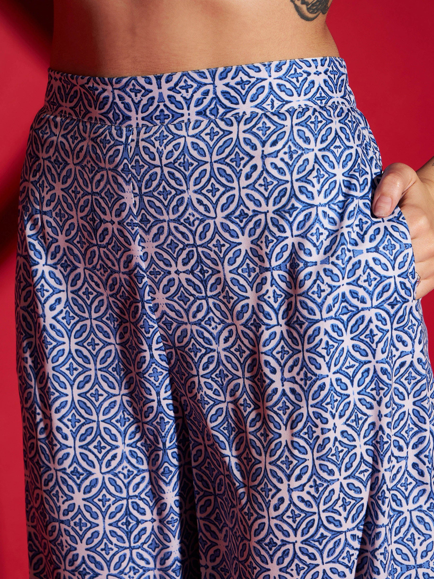 Blue Mughal Print Crop Top With Straight Pants-SASSAFRAS