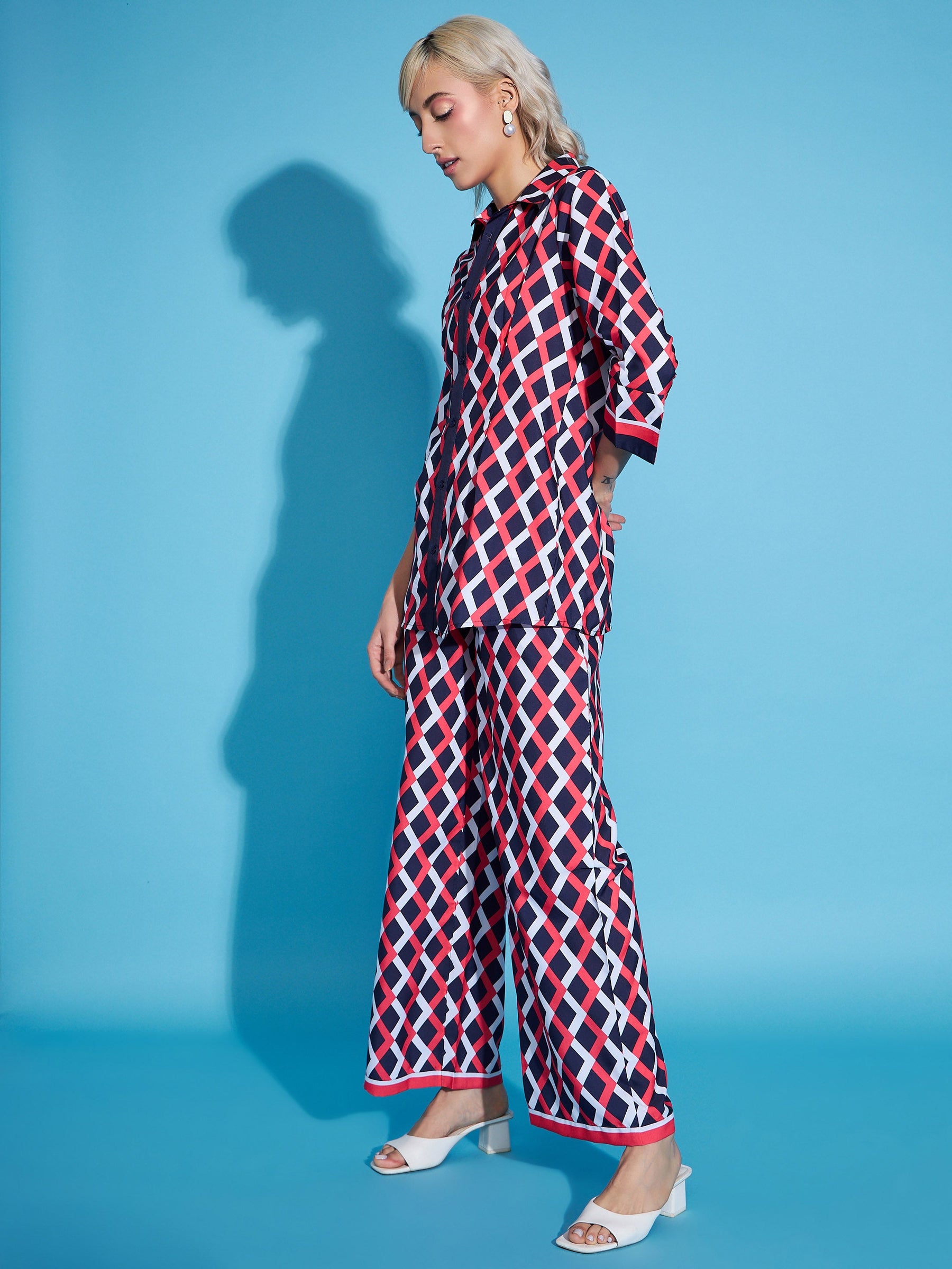 Navy & Red Printed Shirt With Straight Pants-SASSAFRAS