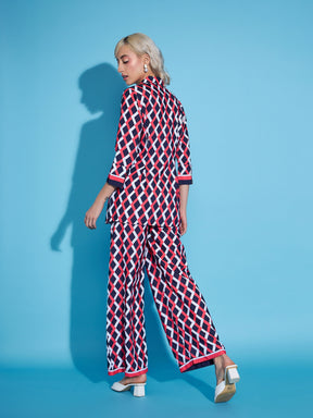 Navy & Red Printed Shirt With Straight Pants-SASSAFRAS