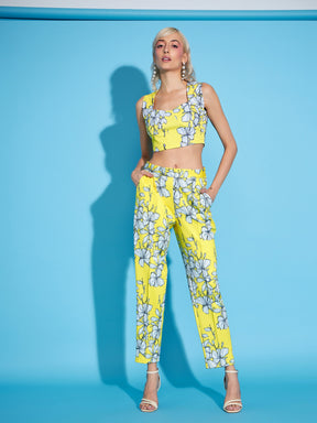 Yellow Floral Scuba Sweetheart Neck Crop Top With Straight Pants -SASSAFRAS