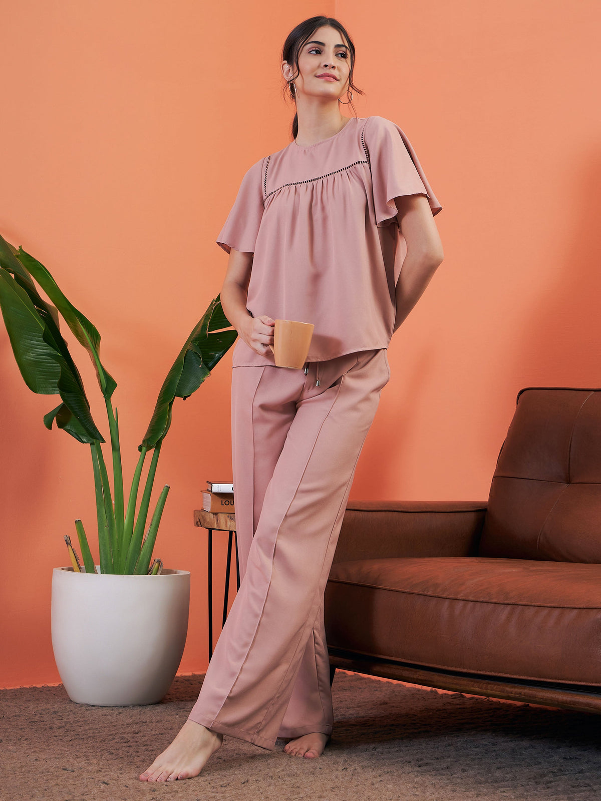 Pink Lace Insert Top With Lounge Pants-SASSAFRAS alt-laze