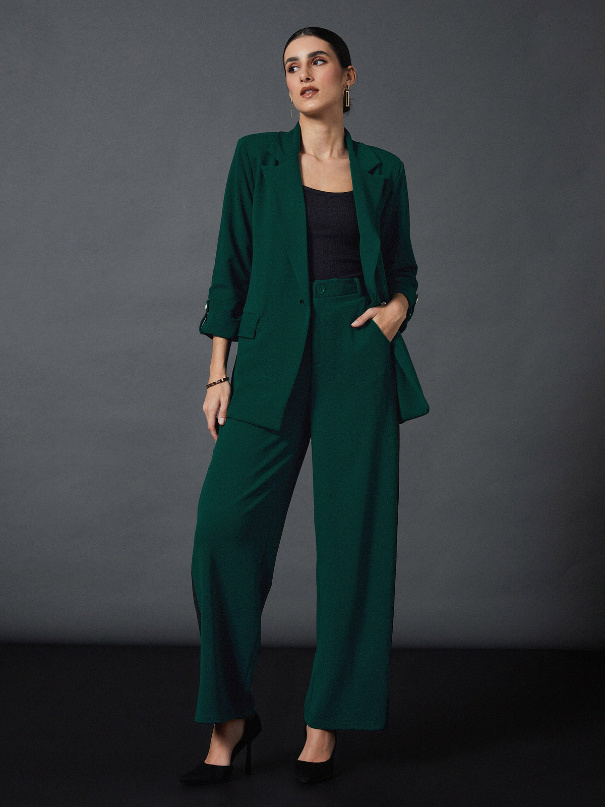 Emerald Front Button Blazer with Straight Pants-SASSAFRAS worklyf