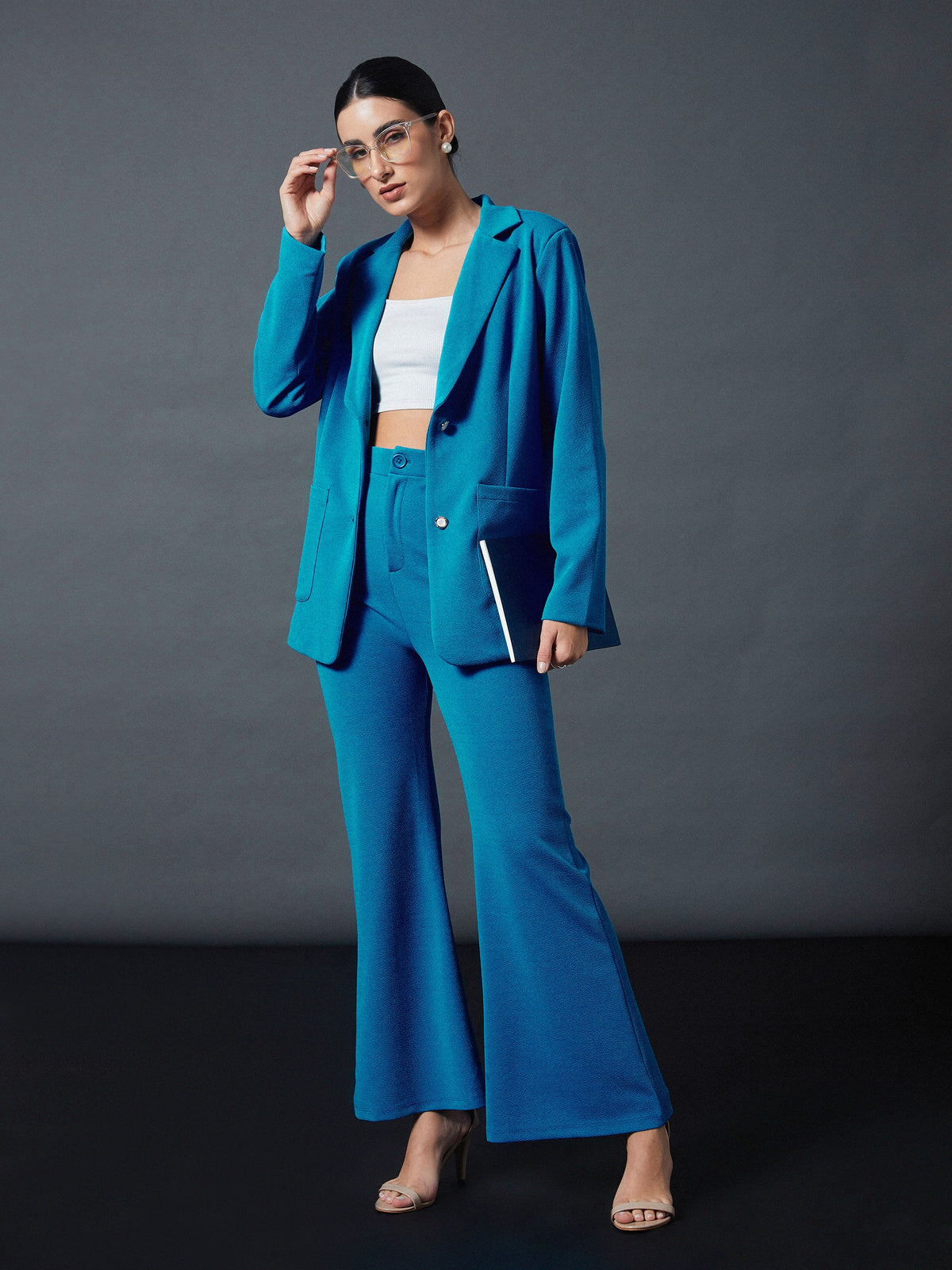 Turquoise Slim Fit Blazer With Bellbottom Pants-SASSAFRAS worklyf