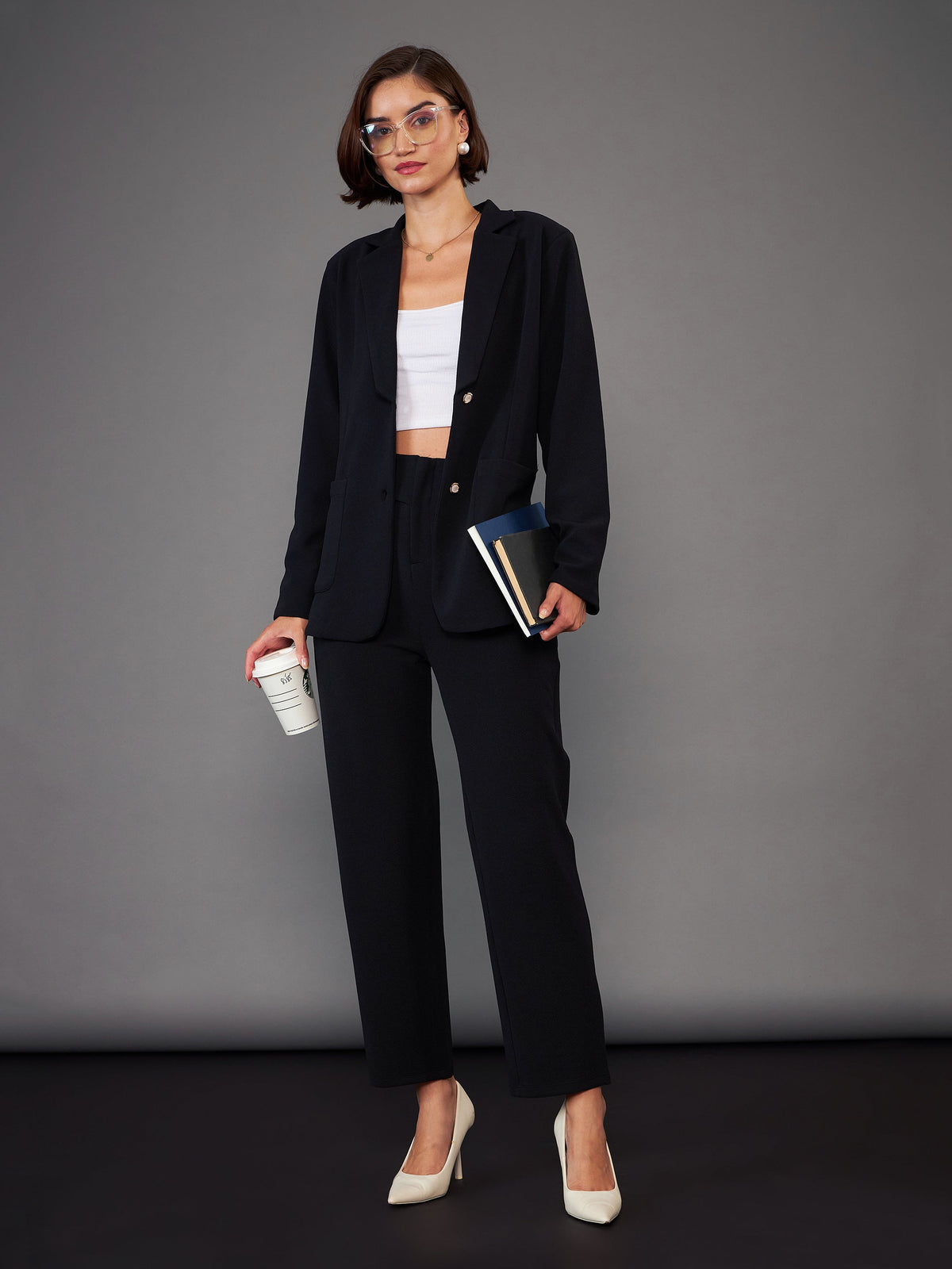 Black Slim Fit Blazer With Pleated Pants-SASSAFRAS worklyf
