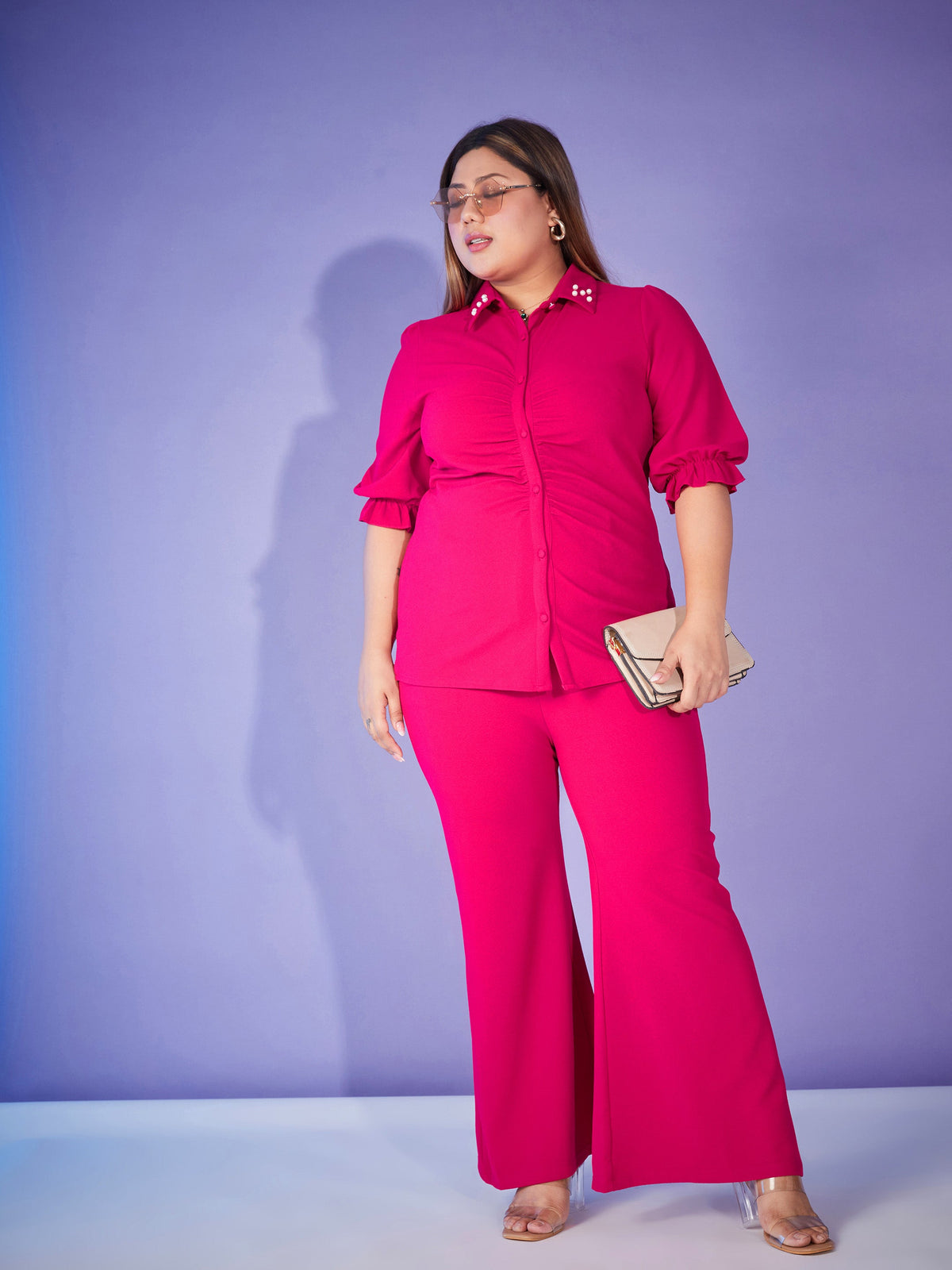 Fuchsia Ruched Pearl Shirt With Straight Pants-SASSAFRAS Curve