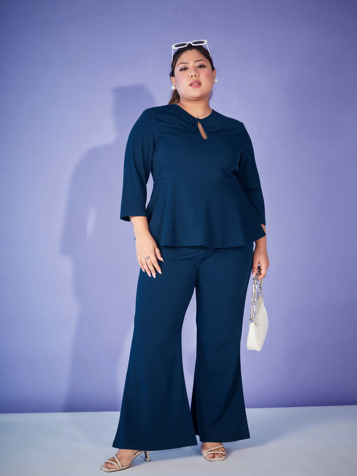Blue Keyhole Top With Bell Bottom Pants-SASSAFRAS Curve