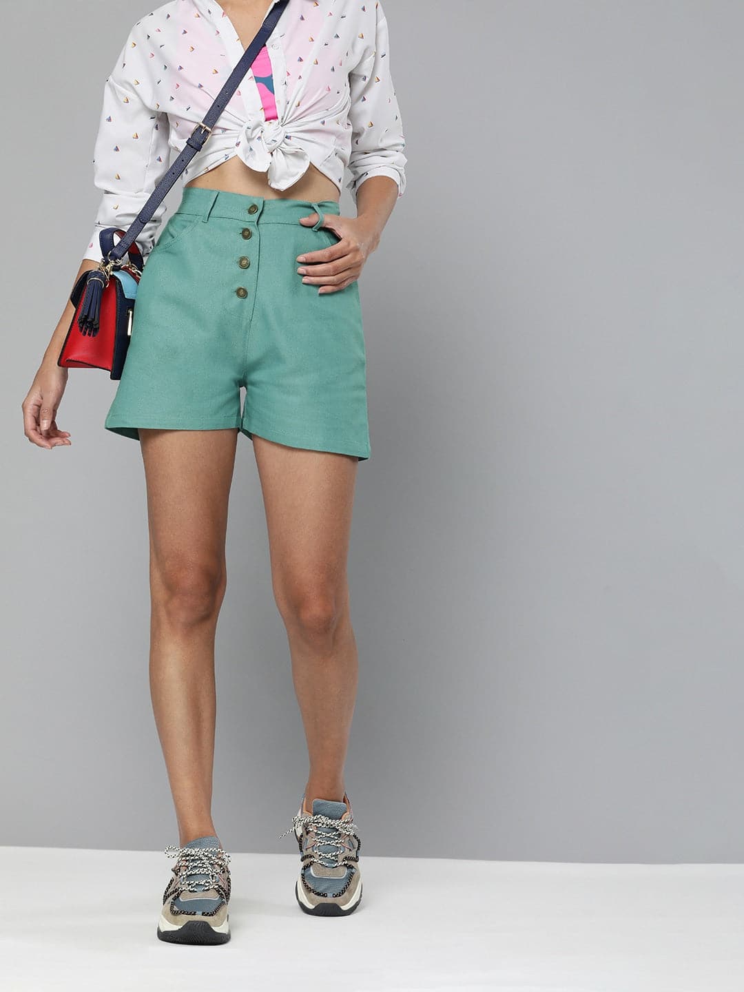 Sea Green Front Button Shorts-Shorts-SASSAFRAS