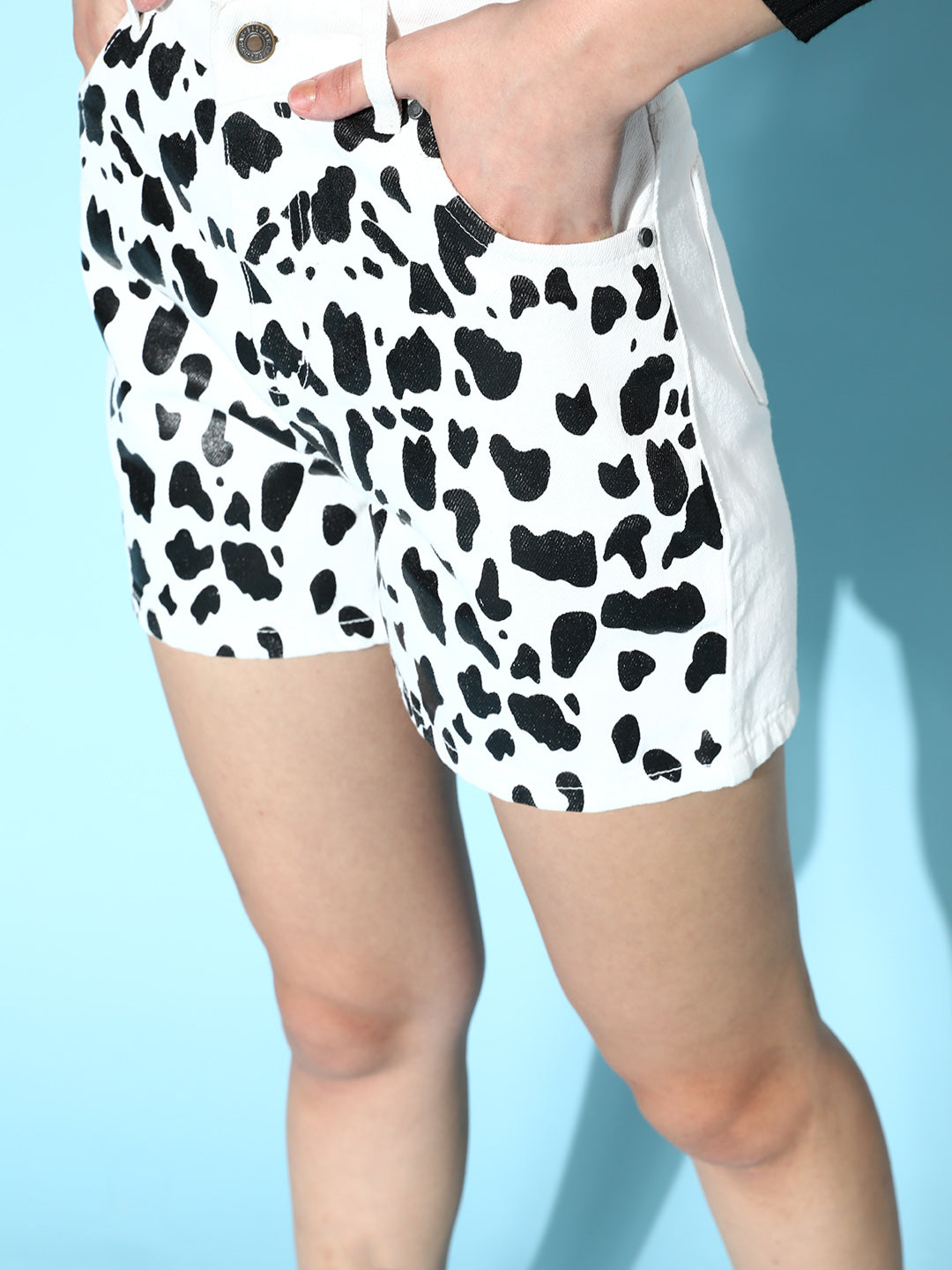 Women White Animal Print Denim Shorts
