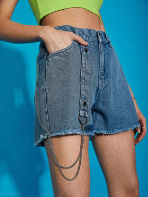 Blue Denim Wash Chain Detail Shorts -SASSAFRAS
