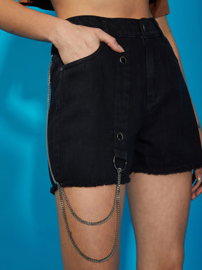 Black Denim Chain Detail Shorts -SASSAFRAS