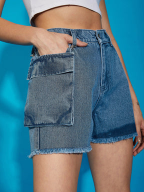 Blue Denim Wash Hanging Pocket Shorts-SASSAFRAS