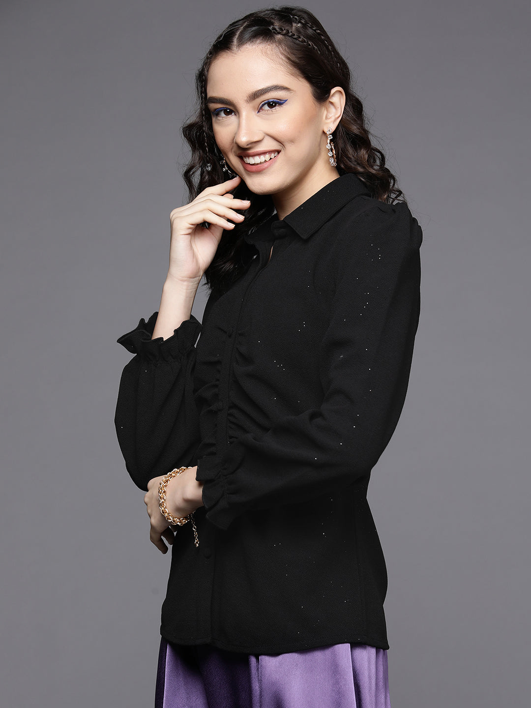 Women Black Shimmer Fitted Ruched Shirt
