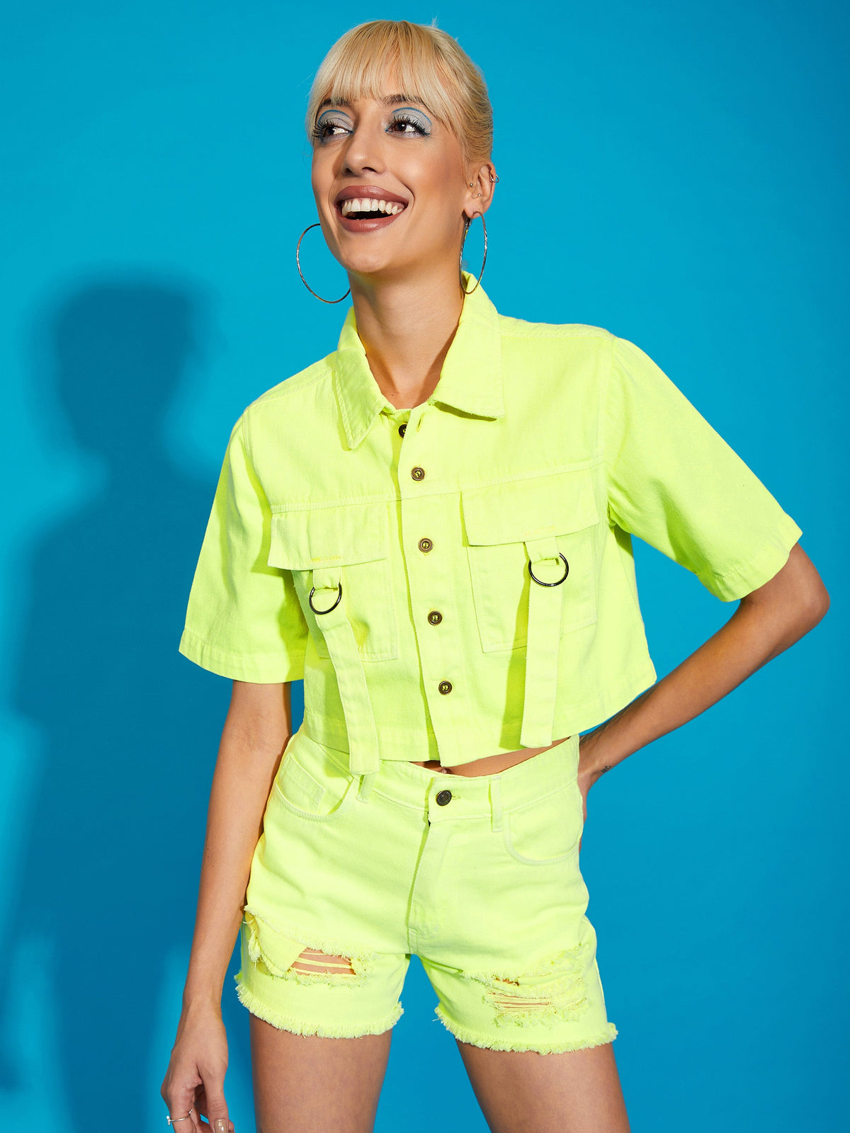 Neon Yellow Denim Front Pocket Crop Shirt-SASSAFRAS