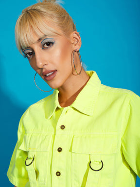 Neon Yellow Denim Front Pocket Crop Shirt-SASSAFRAS