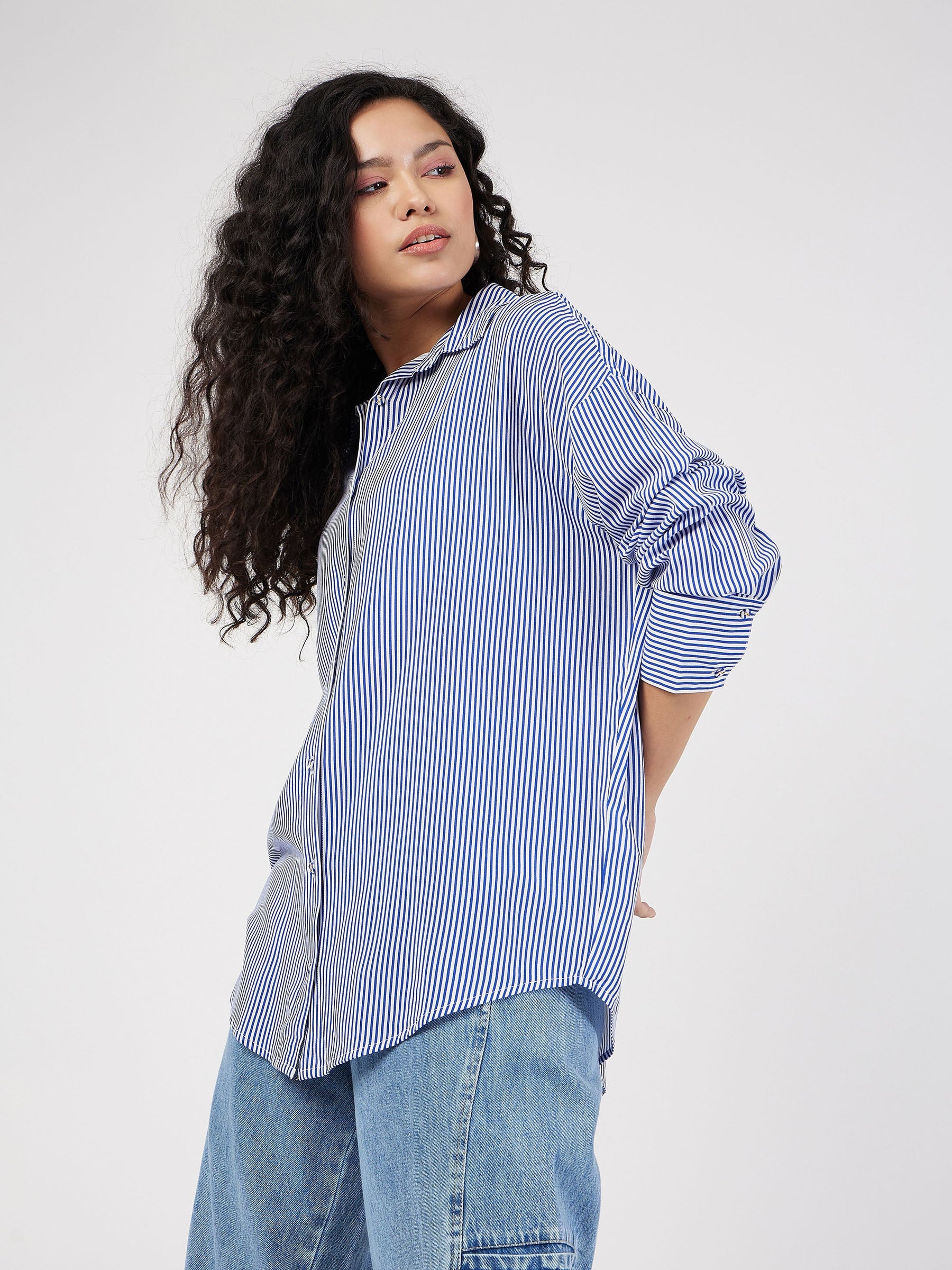 Blue & White Pinstriped Oversize Shirt-SASSAFRAS