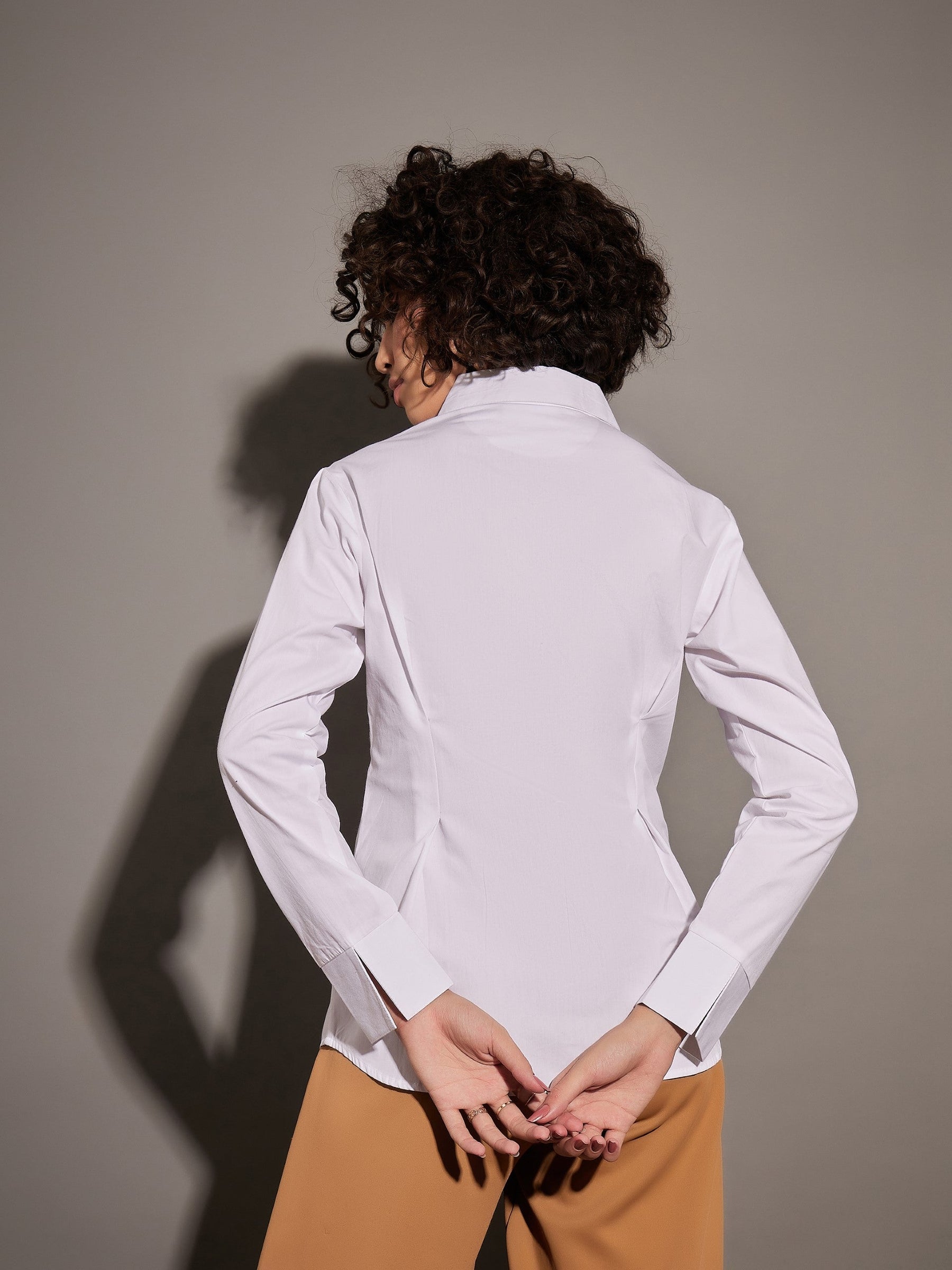 White Poplin Pleated Fold Slim Waist Shirt-SASSAFRAS