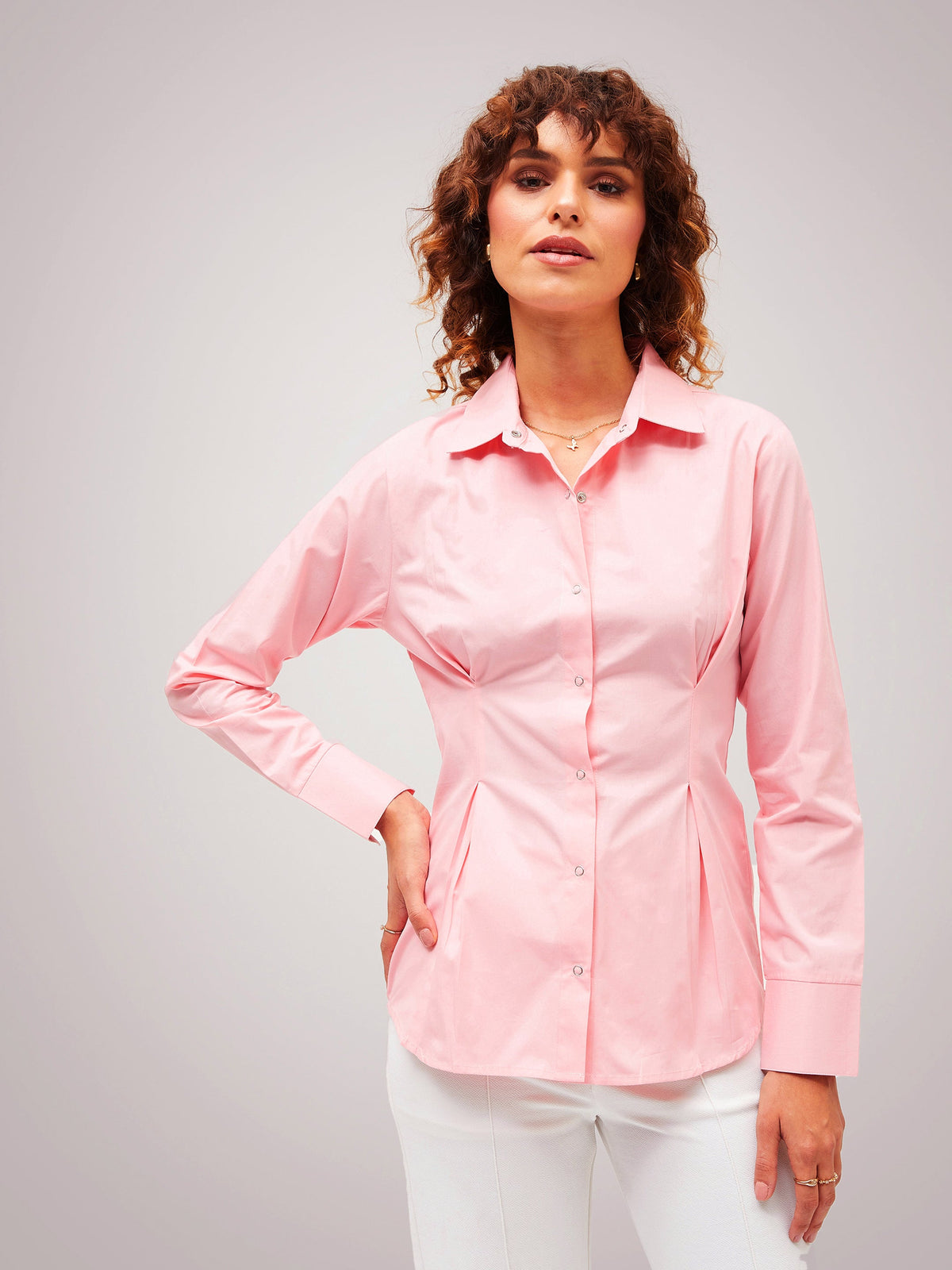 Pink Poplin Pleated Fold Slim Waist Shirt-SASSAFRAS