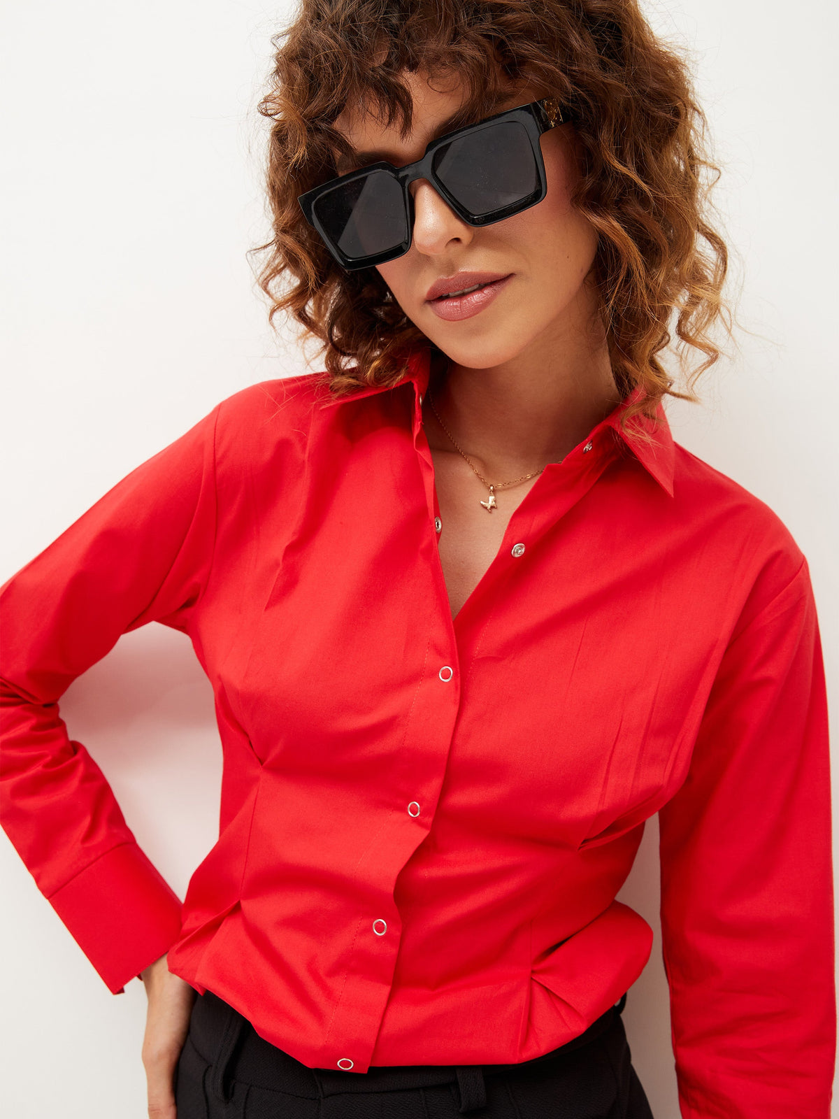 Red Poplin Pleated Fold Slim Waist Shirt-SASSAFRAS
