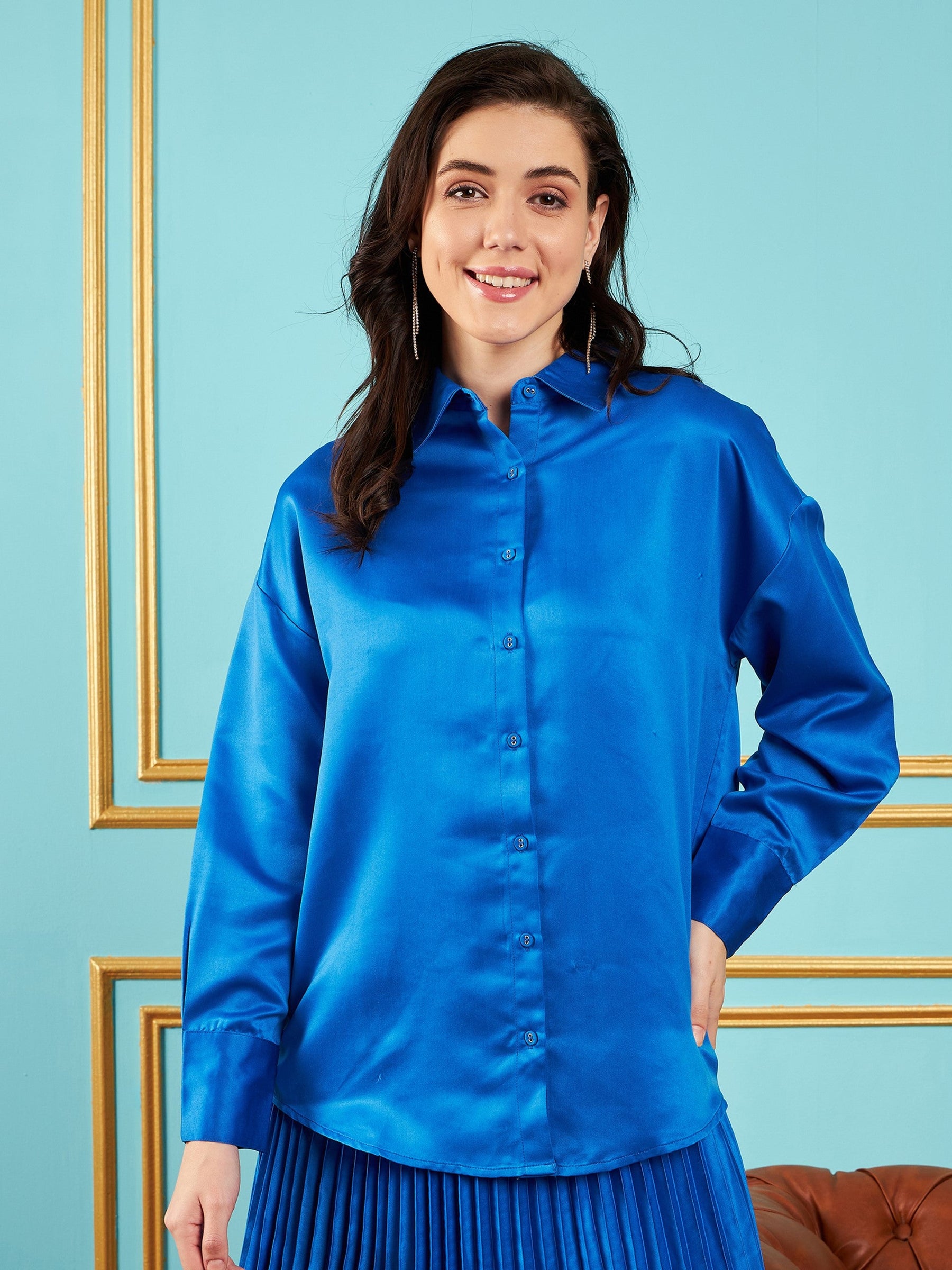 Royal Blue Satin Oversized Shirt-SASSAFRAS