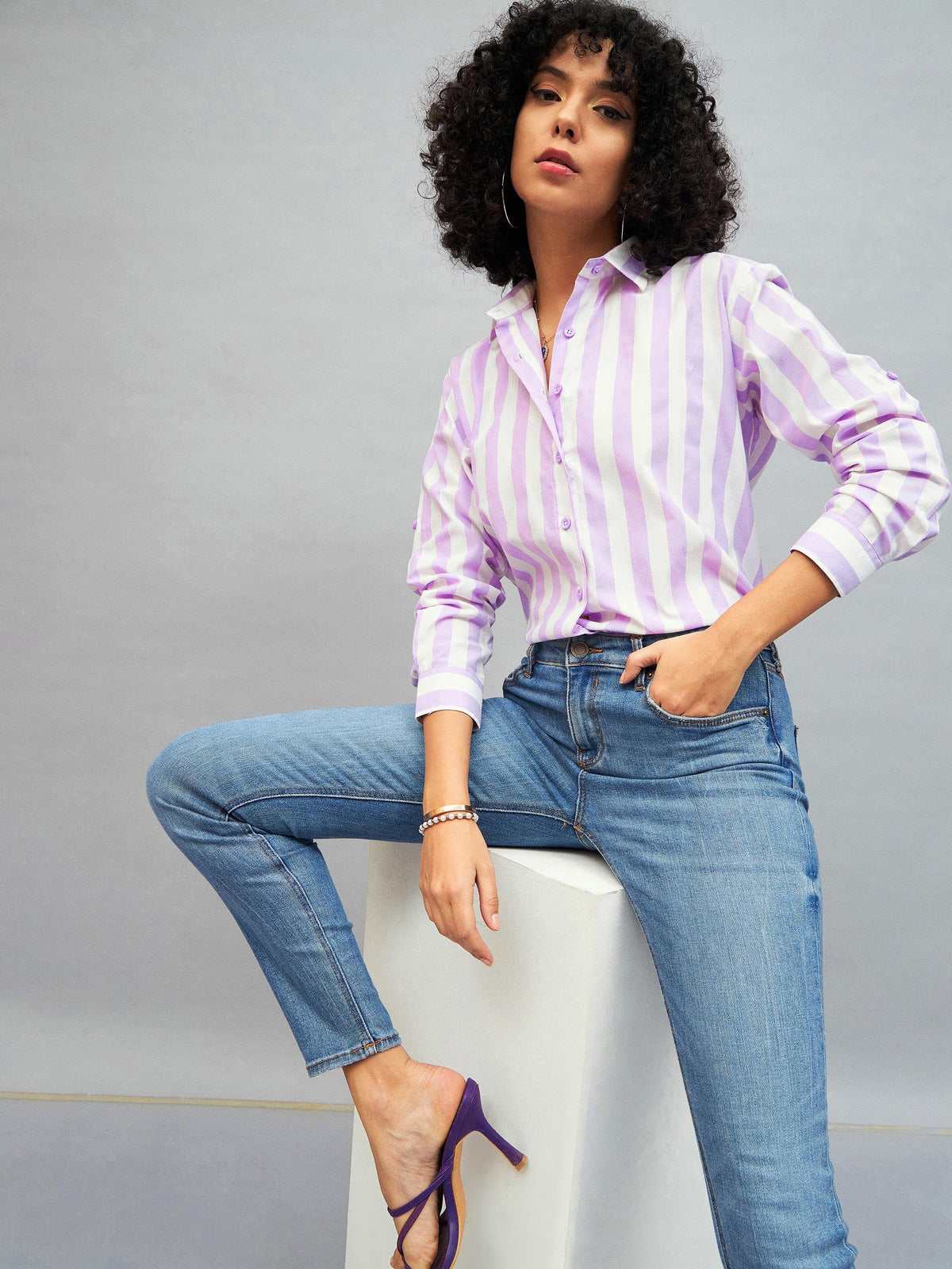 Purple & White Cotton Striped Regular Shirt-SASSAFRAS