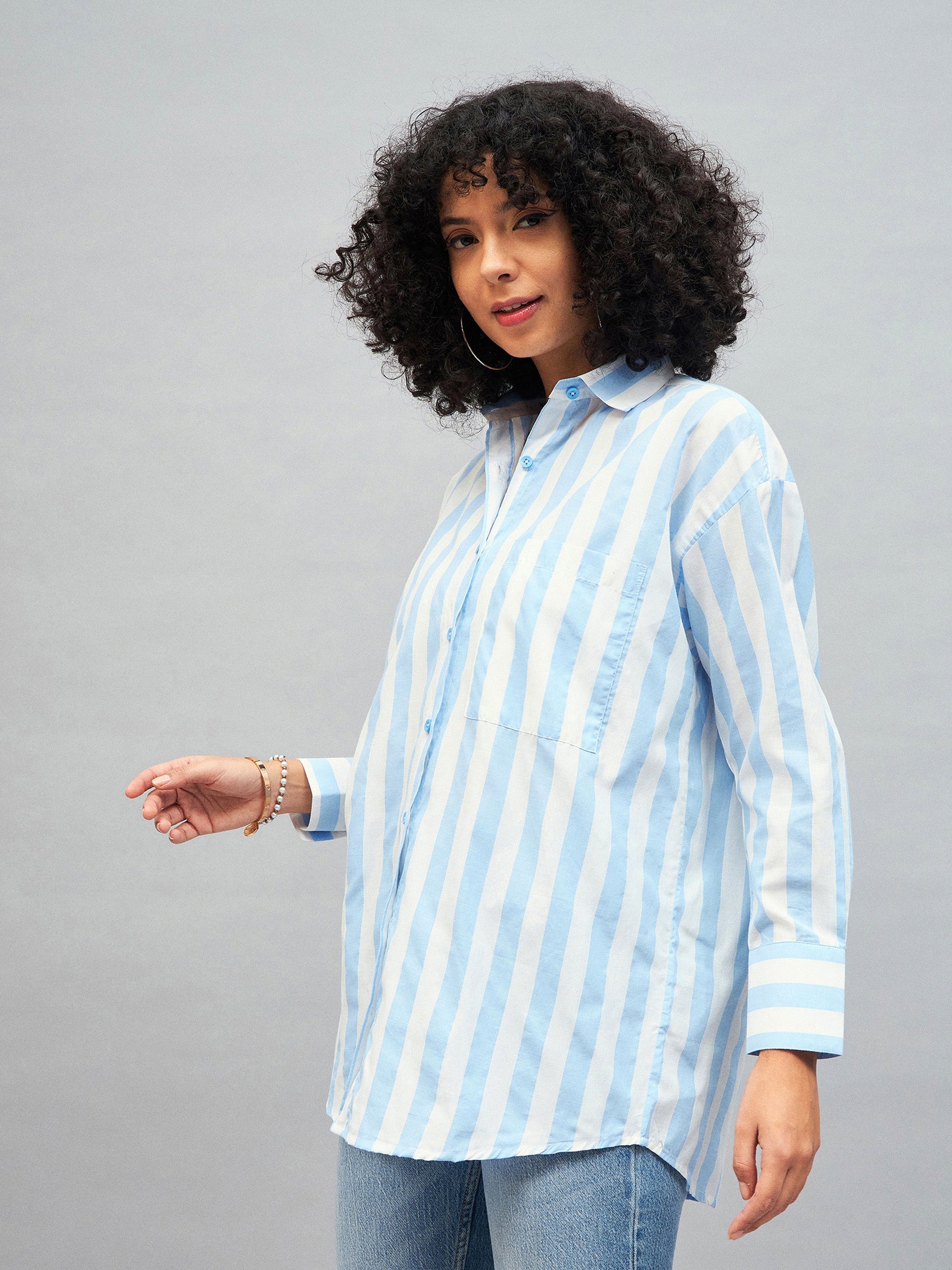 Blue & White Cotton Striped Oversized Shirt-SASSAFRAS