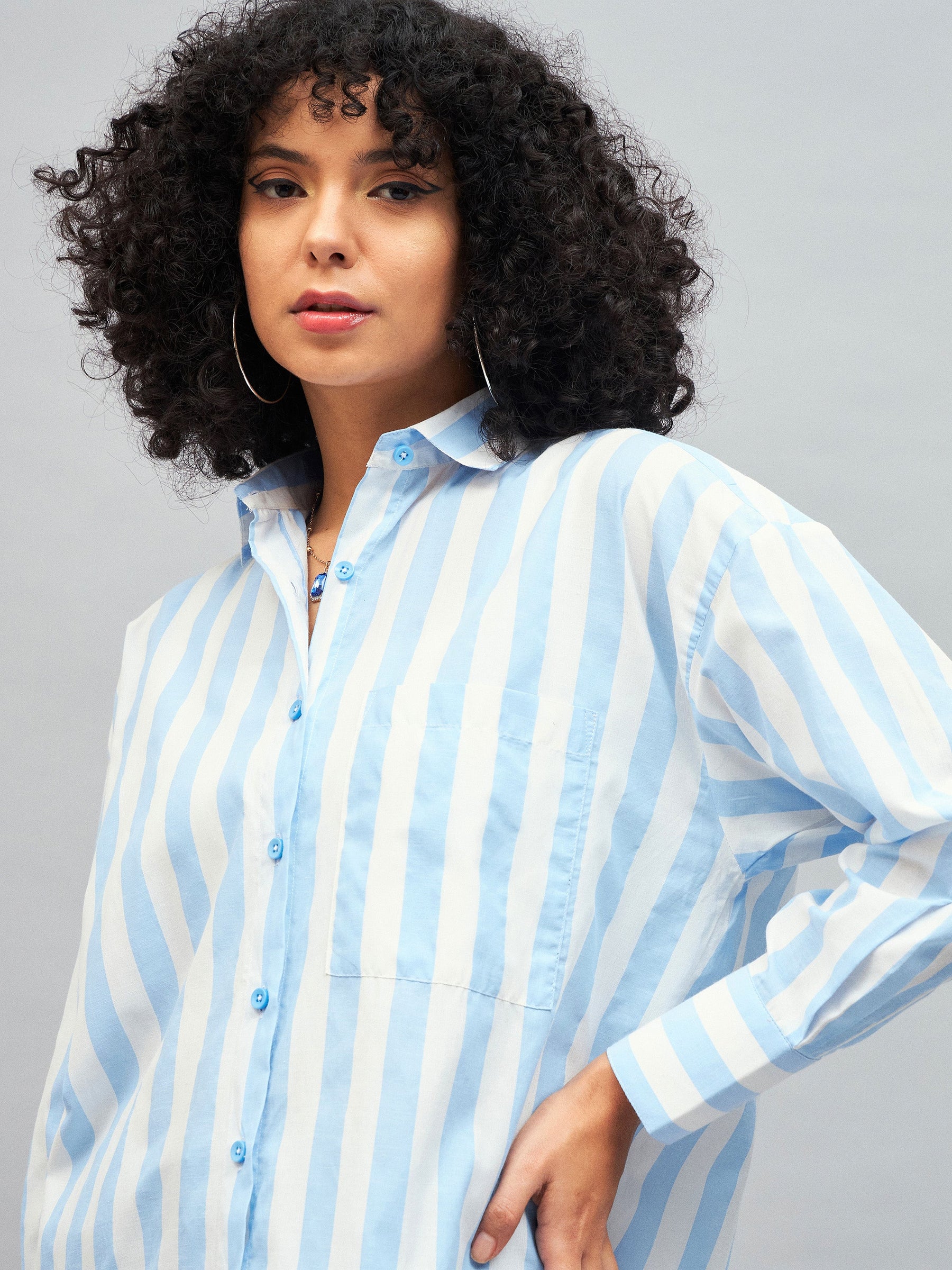 Blue & White Cotton Striped Oversized Shirt-SASSAFRAS