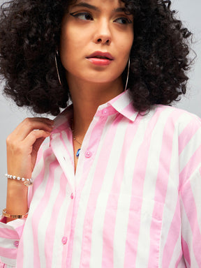 Pink & White Cotton Striped Oversized Shirt-SASSAFRAS
